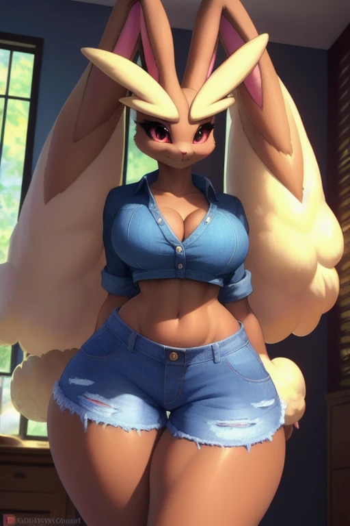 uploaded on e621, explicit content, 3d:0.7, cutesexyrobutts, hioshiru, female, solo, lopunny, short round fluffy tail, bedroom setting, (fitted denim crop button-up with rolled sleeves, Jean shorts), (large breasts, natural breasts, breast sag:0.8), thick ...