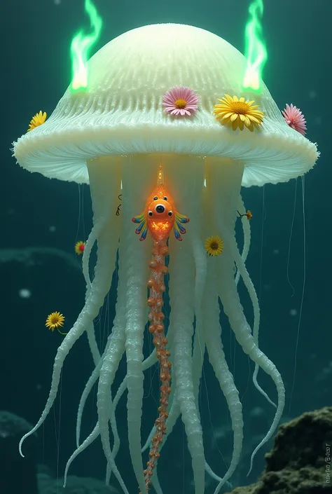 A large white jellyfish, two bright green flames emanate the sides of his bell, chrysanthemums grow from his top, lava streams from his tentacles, amidst his tentacles, there is a colorful fish tail in the center.