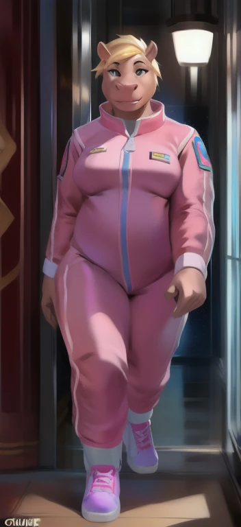 Solo, female Tall​,mannequin, standing, god land ,hippo , Her hand holds a lightning bolt., pink military spacesuit, overweight, muscular, Paranoia,by chunie