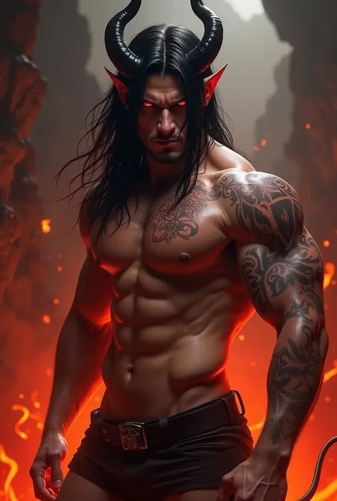 Sexy shirtless devil in hell. Black long hair. Red eyes. Thick muscular thighs 