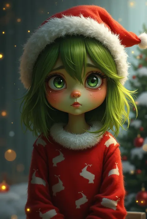 Beautiful cuddly and tearful Grinch teenager with Christmas clothes 