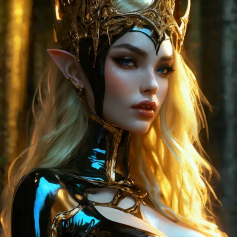  stands a DARK ELF girl in a latex bikini, bare large breasts,  nipples are visible,  long high-heeled stockings , golden hair , Gentle beautiful face,  slim build ,  on head crown 