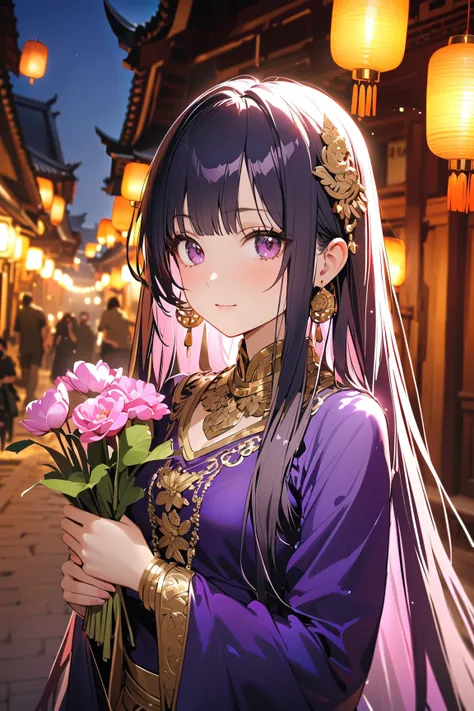 1 girl, (cute face), (long straight hair:1.2), (dark violet eyes), small breasts, slim, (wearing a combination of a traditional Thai dress and lightweight armor), (with golden embellishments), BREAK  
Ancient temple, ornate architecture, (colorful lanterns...