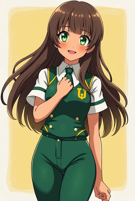  I am a 16-year-old student of the anime Boku no Hero Academia , My appearance is neutral brown skin ,  big emerald yellow eyes , my facial expression is cheerful ,  my hair is long and is brown brown with bangs and blonde cream locks , my body is like an ...