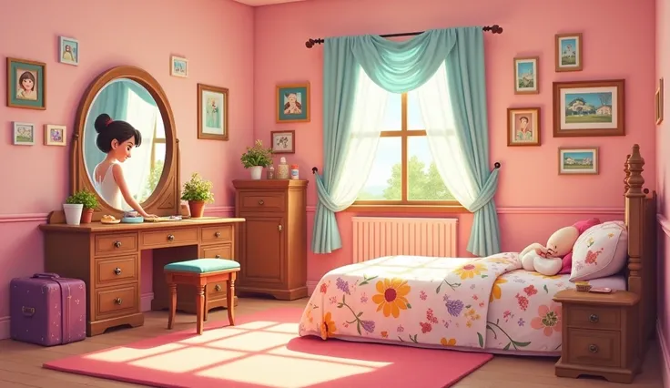 A cartoon-style cozy bedroom with light pink walls, a wooden dressing table with a round mirror reflecting a bride getting ready. A colorful bedspread with floral patterns, a small cupboard, and a window with soft sunlight shining through. Decorative frame...