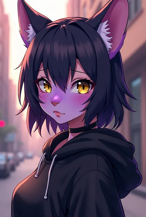 Drawing anime Image of furry female purple cat feline with cat like pupils yellow eyes, she has black shoulder length hair with messy bangs wearing an oversized black hoodie. She is skinny and fit, her purple fur is lighter around her mouth and nose, her f...