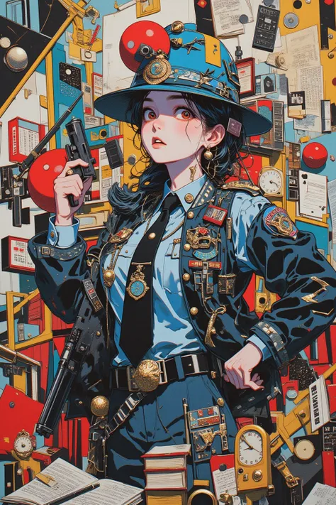    Police Officer Crazy Women ,Crazy Women Say 「Lets call it 」,black,light blue,Navy Blue,White,red, surreal collage,a contemporary artistic collage,collage artwork,  New Album Jackets  ,  Great Job  !! ,digital collage、(collage ),collage art,contemporary ...