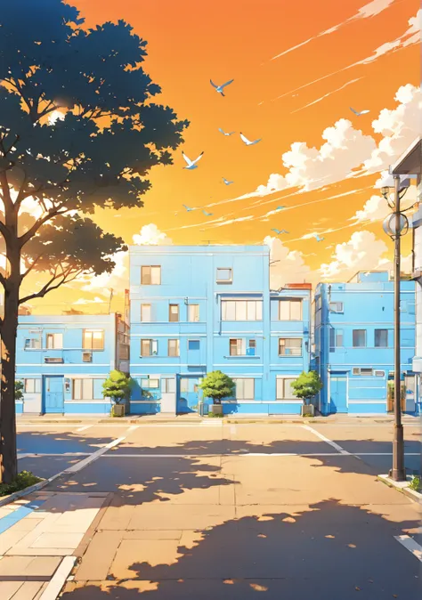 School、Ground、two-story building 、street tree、cloud、 blue sky、 light blue fence、2 birds are flying、sunset