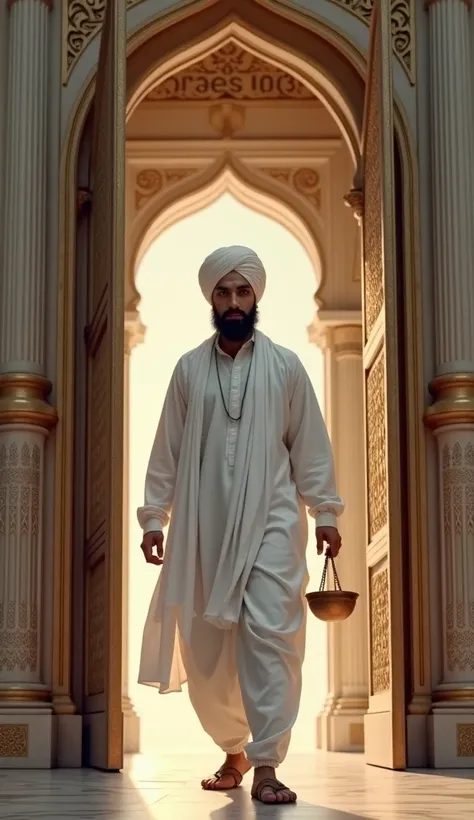 A young man dressed in white Punjabi, wearing a white cap, enters the house from outside, beg in hand,luxarius buliding