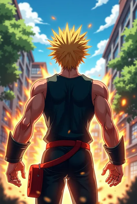 Bakugo with his back and in the distance a pelicafe girl at school