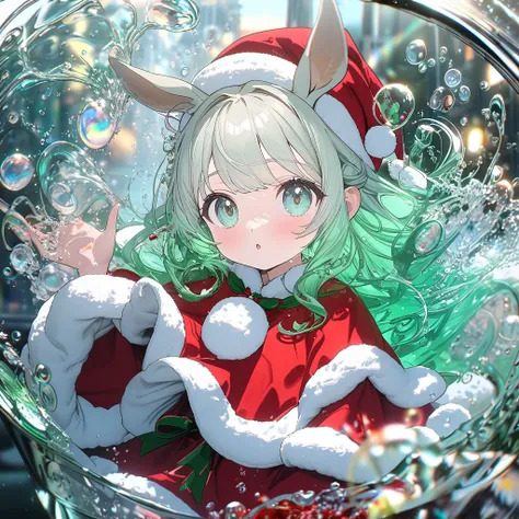  very detailed, 8k, Glass, Water in a Glass, Glassクリスタル, bubble,  Light green water , Nice,  bright 、 cute character in Santa Claus clothes with horse ears、 splash