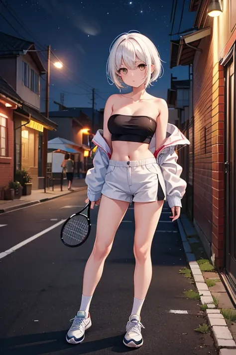  a girl,  white hair, white eyes, hot pants, thumbnail, negro, white top, strapless. White socks, high. black tennis shoes.
camiando,  at night, alley. 