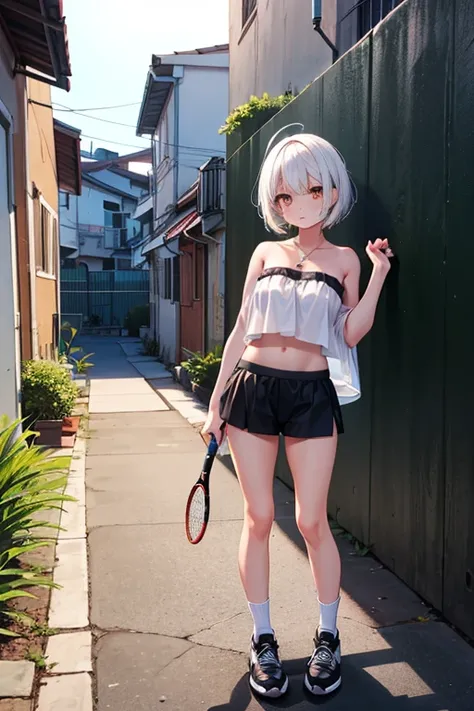  a girl,  white hair, white eyes, hot pants, thumbnail, negro, white top, strapless. White socks, high. black tennis shoes.
camiando,  at night, alley. 