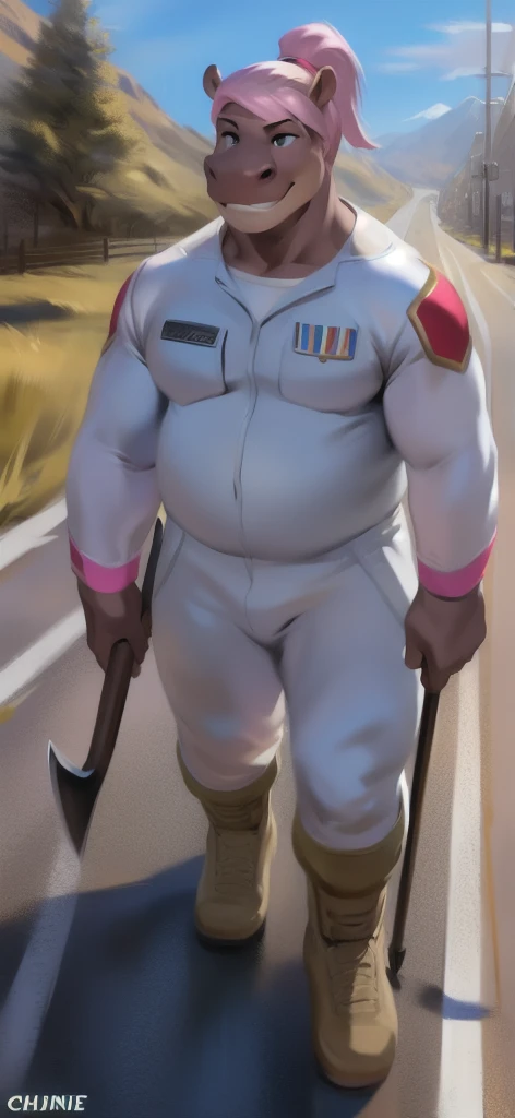  alone,Big Tall Girl , stand, road, holds a scythe as a weapon and as an envoy.,hippo , Military pink spacesuit ,  Overweight ,  muscle, quiet , Pink ponytail hairstyle , by chunie 