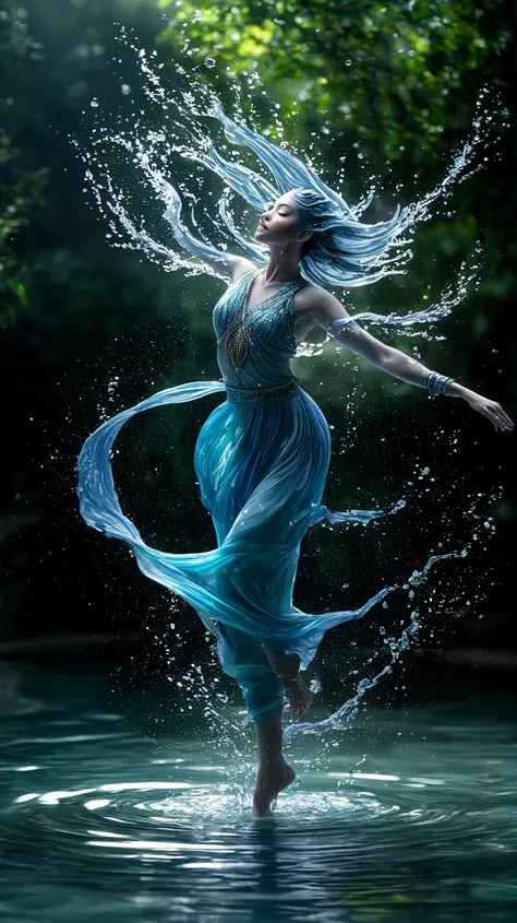 "A mystical and dynamic water spirit dancing gracefully, creating ripples that expand outward in a serene pool. The scene is highly detailed, shot in an 8K resolution, with a 9:16 aspect ratio. The entire figure of the spirit is fully visible without any l...