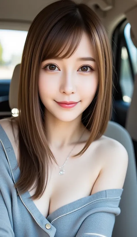 12Ｋ、ＨＤＲ、 bits deep 10 bits 、In the car、In the passenger seat of a car、Women who knock down seat backs and give off 、  (   realistic  ) ,   (photo  realistic   :1.4), masterpiece,       very delicate and beautiful   ,  very detailed bust ,smile、(  light bro...