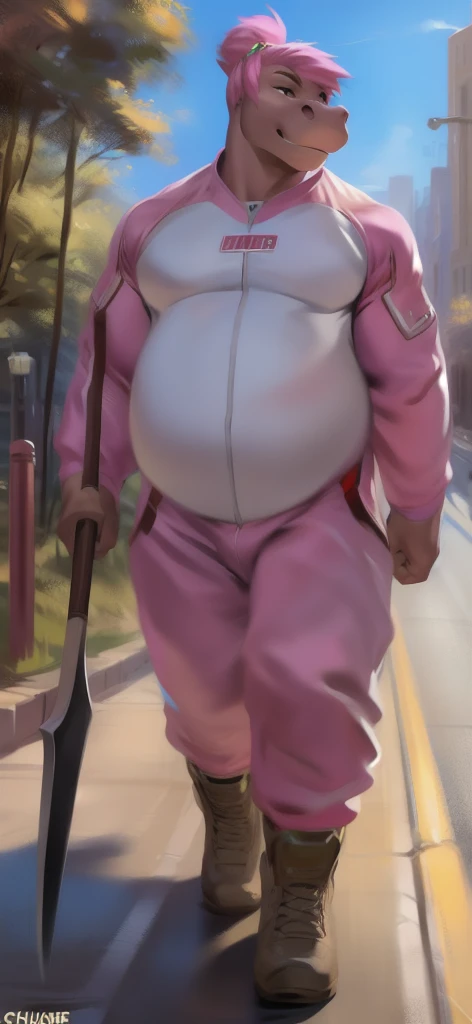  alone,Big Tall Girl , stand, road, holds a scythe as a weapon and as an envoy.,hippo , Military pink spacesuit ,  Overweight ,  muscle, quiet , Pink ponytail hairstyle , by chunie 