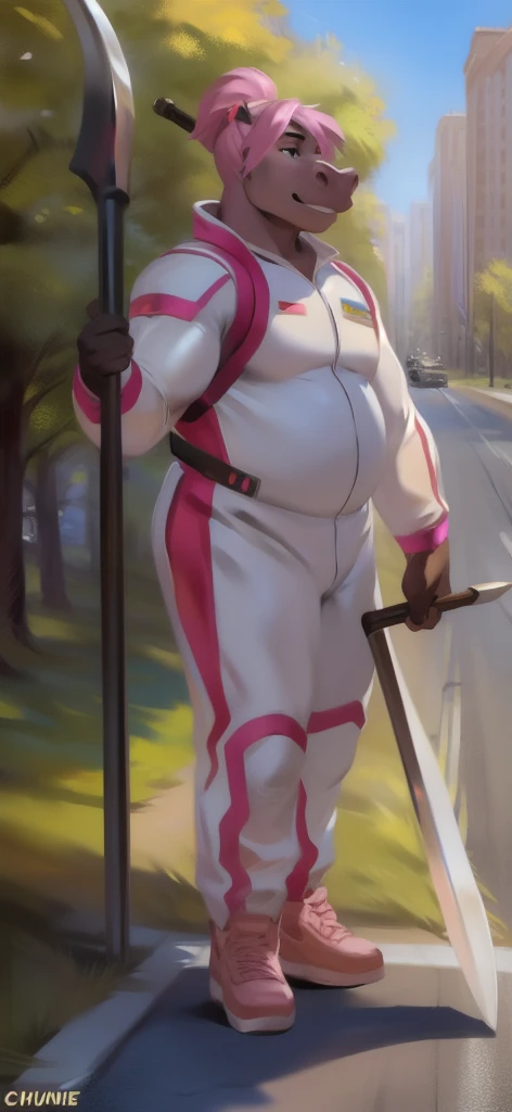  alone,Big Tall Girl , stand, road, holds a scythe as a weapon and as an envoy.,hippo , Military pink spacesuit ,  Overweight ,  muscle, quiet , Pink ponytail hairstyle , by chunie 