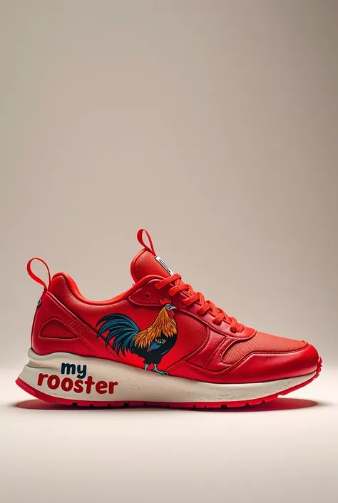  Image and design of a red sports shoe with the name and brand that says: 
(""" My Rooster """) Y El Dibujo De Un Gallo entirely in Spanish 