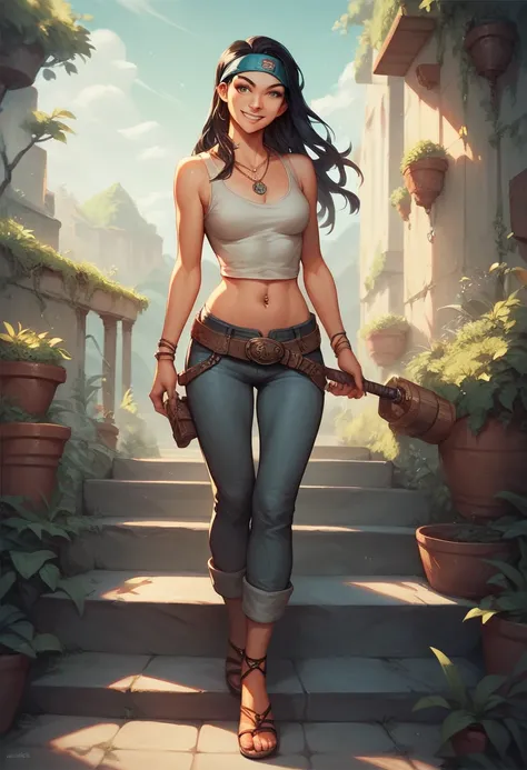 hayley, 1girl, black hair, long hair, solo, necklace, jewelry, tank top, headband, midriff, pants, sandals, belt, navel piercing,looking at viewer, smile, cowboy shot,  