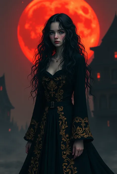 ADULT IS THE TEEN girl with long hair A pale girl with curly black hair stands under a crimson moon, wearing an ornate black coat adorned with golden floral patterns. Her distant gaze and the eerie silhouette of a house behind her create an air of mystery ...