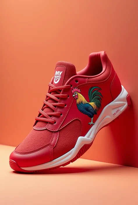  Image and design of a red sports shoe with the name and brand that says: 
(""" My Rooster """) Y El Dibujo De Un Gallo entirely in Spanish 