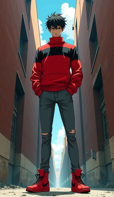 Create a very detailed anime-style man in an alley of brick walls with full details with a unique red sweater with black details and gray jeans pants and red Nike ankle boots 