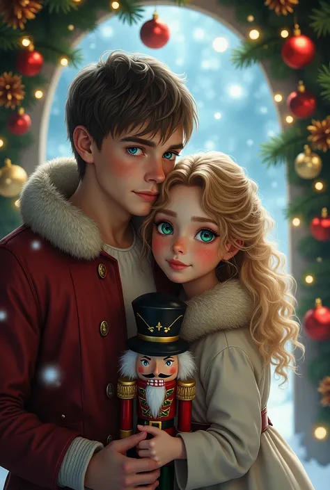 Handsome man with blue eyes and short straight brown hair, who is crossing a portal to a magical Christmas world accompanied by a young woman with an angelic appearance with green eyes and curly blonde hair with freckles on her face, with a nutcracker in h...