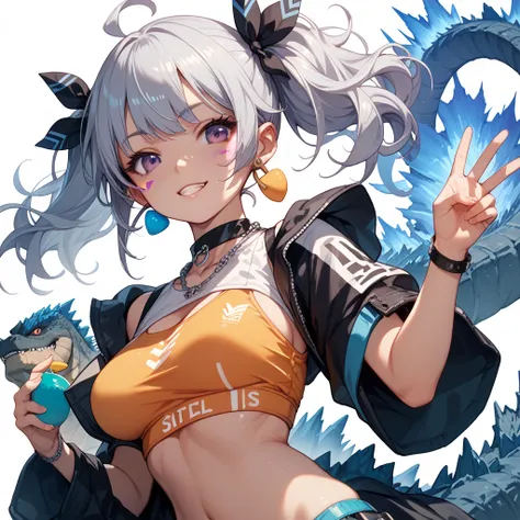 chica estilo anime,  silver hair hand sign with 2 pigtails,  purple eyes, Breasts 34C, With Godzillas tail, bright blue marks all over the body, white background