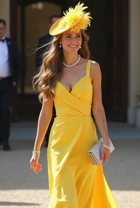 A photo of 27 years old of princess. long dark blonde hair. shiny and light skin. yellow midi dress for formal, beautiful details dress. a beautiful feather yellow hat. yellow pumps with swarovski details. pearl earings and necklace. mini swarovski clutch....