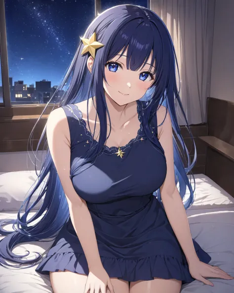 Beautiful Older Sister Healing Idol Cowboy Shot Anime Shiny Dark Blue Hair Side Tail Long Hair Star Hair Ornament Shines Sideways :1. 3 Bangs, Straight Forehead, Long Eyes, Calm Atmosphere, Gentle Smile, Healing Background, Warm and Bright Night, Sparkling...