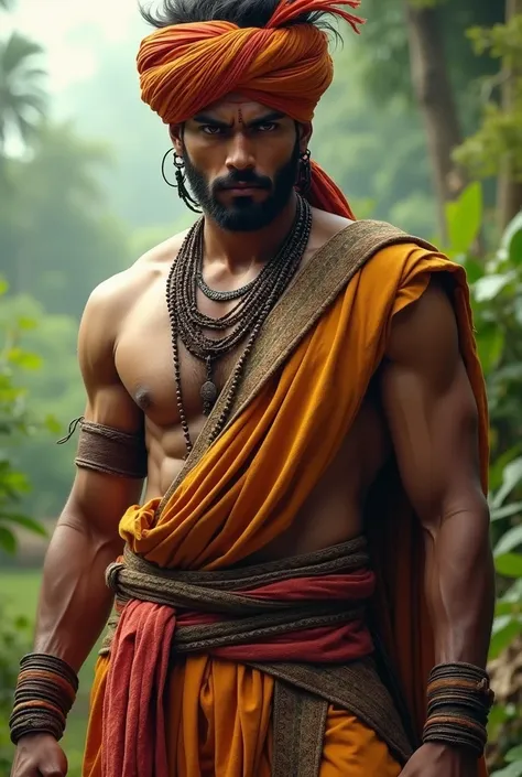 A rugged and slightly aggressive-looking young man in traditional Indian attire from the 18th century, He has an intense expression, a muscular build,