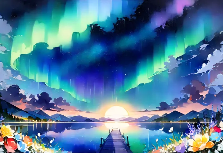 (((An elaborate watercolor painting depicting a beautiful night scene with auroras))),(((Soul Love ))),(( top quality ,masterpiece:1.5)),((Tsui Wing)),((Sumer)),((Middle-earth)),(( bluish throughout )),( large colorful photon :1.5),( Splendid flowers in th...