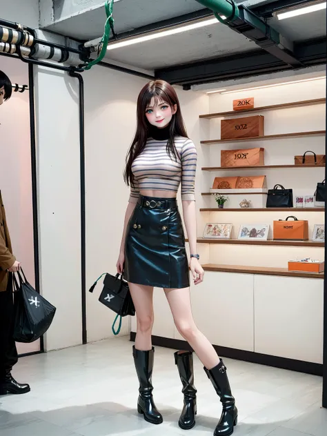 young actress, smiling with teeth, standing posed, shopping mall s basement, {(+forehead, long straight hair, dark brown hair)}, { 3/4 sleeves turtleneck (+cut neck, black and white striped shirt),  dark-blue pencil mini skirt, black boots}, BREAK, (1girl,...