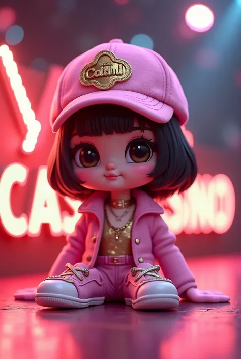 A captivating 3D digital artwork featuring an adorable chibi influencer girl in her signature style. She wears a trendy pink cap embellished with a metallic gold  grupo alexa logo, and shes seated next to the illuminated cajera angy cielo and Casino logos,...