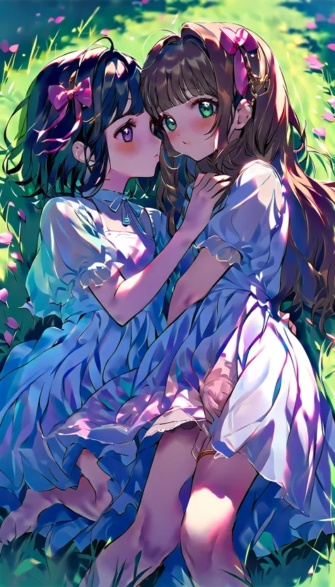 two women hug and kiss on  a green covered flooring surrounded by grass, multiple girls, kinomoto sakura, 2girls, daidouji tomoyo, yuri, petals, grass, long hair, panties around one leg, blush, on side, lying, black hair, underwear, hair ornament, green ey...