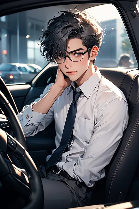 at night, after a dinner, A young office worker with an androgynous face, featuring delicate and soft yet defined facial features. He has a small and slim build, with a lean but not overly muscular frame. His skin is fair, and his gray hair is neatly style...