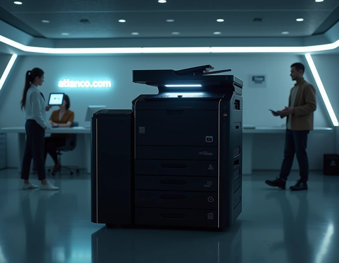 Naturally lit, mobile-focused image of a sleek black photocopier with very thin LED lines adorning the printer and making it very sleek and taking up almost all the space in the photo. The scene is photorealistic with a futuristic style on a spaceship. Ame...