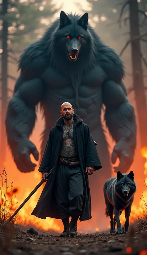 A handsome handsome handsome tattooed hunk wearing a long black robe walking carry a samurai sword and long barrel rifle with a big wolf tall giant black giant long fur thick red eyes fiery red teeth Professional living forest fire burning earth and trees,...