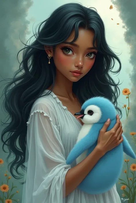 An illustration of a  with long wavy hair and dark skin carrying a very baby light blue penguin 