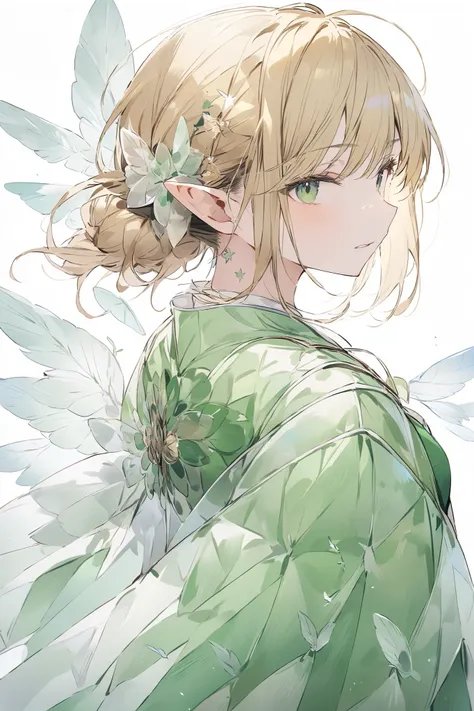 Fairy、heart、Star、 has transparent feathers growing on the back、 flying in the sky 、Blonde、 Shorthair、 flying in the sky、I have a bow in my left hand 、 serious face、 s、Green Dress、 highest image quality taken by Ki