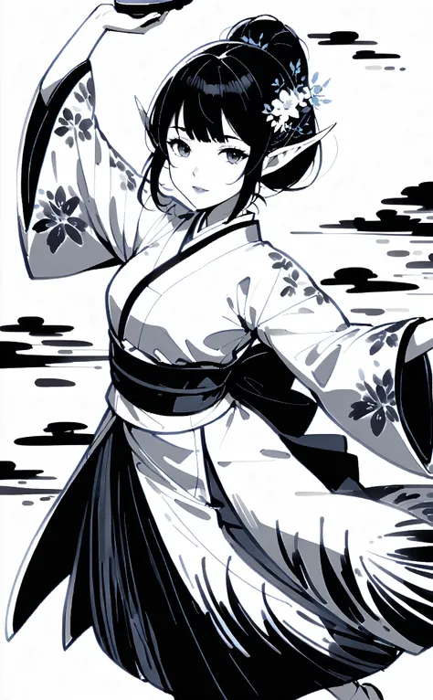 sumi-e style, monochrome ink painting, ((thick brush strokes, bold brushwork:1.6)), less detailed, emphasizing brush effect, (masterpiece, ultra quality, official art, 8k, beautiful and aesthetic, slightly detailed:0.7), (1 elf lady), solo, (cowboy shot:1....