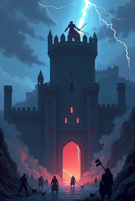 Pixel art , Huge castle , Thunder in the background  , war ,  red-haired man and dark armor on top of the castle tower controlling lightning  , enquanto tem uma war em baixo de humanos contra um monstro vermelho com asa e armadura vermelha , black castle ,...