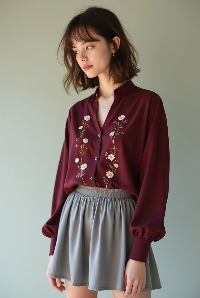 Cup girl A , Burgundy blouse ,  printed flower details,  short skirt ,  soft gray skirt .
 full body