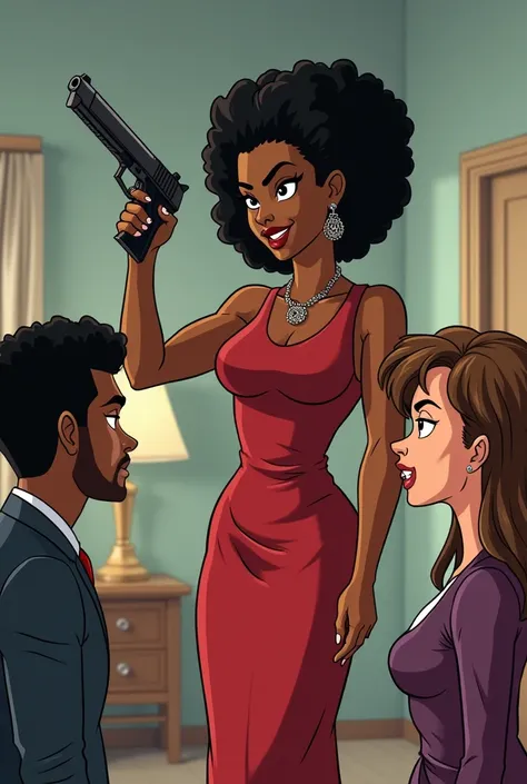 back view of a Black cartoon woman who pulls a gun on man and woman she caught cheating