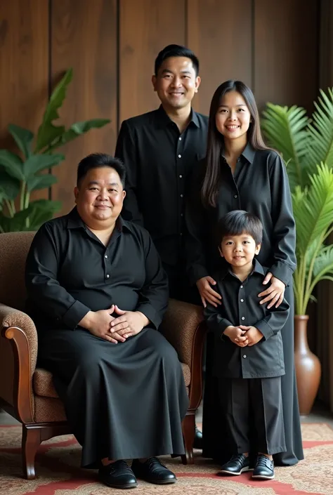 Family photo from Indonesia, four members. The slightly fat mother, are sitting on the chair 
with one handsome men and one beauty women (long hair)  and one boy aged 4 is sitting in front. They are all wearing matching black suit and army green Java KEBAY...