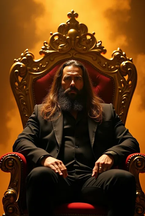 "A dramatic scene featuring a man with a commanding presence seated on an ornate, intricately carved golden throne. The man exudes authority, with long hair and a thick beard, dressed in a dark suit that enhances his powerful persona. The warm golden light...