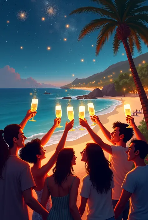 Written "Happy New Year Costa Verde "   with stars and sparkling wine on the beach