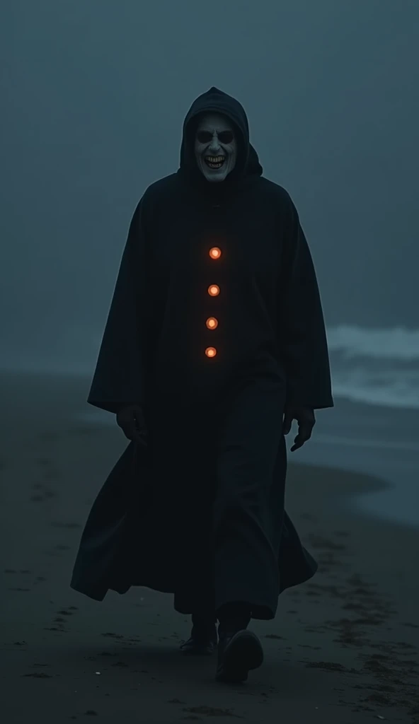 Friar in Black with a dark smile and open mouth walking on a beach at dark night with fog on his clothes light buttons glow in the dark