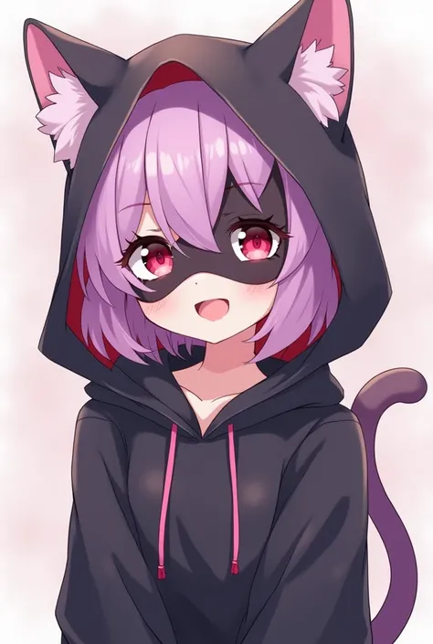 Nya~ A super cute anime character with adorable cat ears and a dark hoodie!  

Their hair is a lovely mix of pinkish-purple hues, and theyve got a cool mask on that looks a bit like a cat face. 

Their eyes are a striking red, adding a touch of mystery.  
...